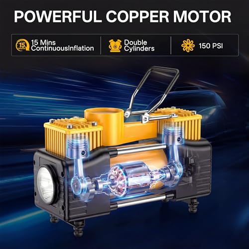 YUNGTEE Yellow Tire Inflator Heavy Duty Double Cylinders Direct Drive Inflation Pump,12V Portable Air Compressor Pump with Emergency LED Light - 150PSI Tire Pump,Apply to Car,Suv,RV - color: Yellow