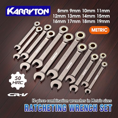 12-Piece Ratcheting Wrench Set (Metric),72 Teeth Ratchet Combination Wrenches Set with Organizer Rack,Cr-V Steel,8-19mm(12PCS),Black Nickel Handle with Golden Ratchet - color: Fixed Head