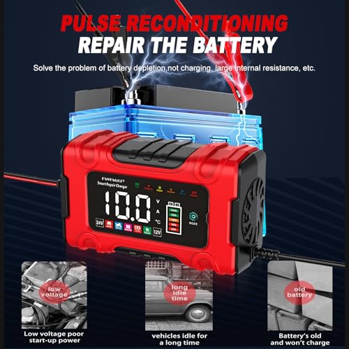 LiFePO4/Lead Acid Battery Charger Smart Battery Trickle Charger 12V/24V 10A/5A Automotive Battery Maintainer Desulfator Temp Compensation for Car Truck Motorcycle Lawn Mower Marine RV