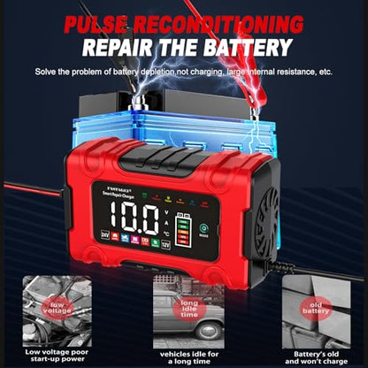 LiFePO4/Lead Acid Battery Charger Smart Battery Trickle Charger 12V/24V 10A/5A Automotive Battery Maintainer Desulfator Temp Compensation for Car Truck Motorcycle Lawn Mower Marine RV