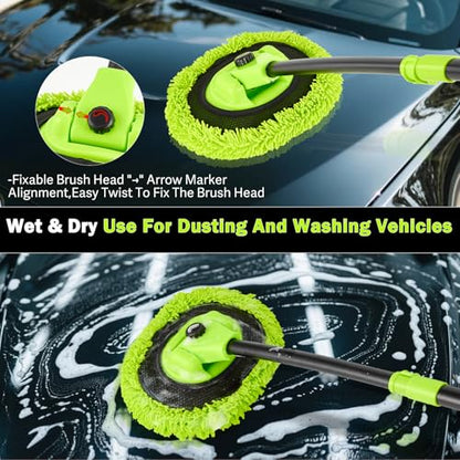 Car Wash Brush with Long Handle - Extendable Car Wash Mop & Sponge | 15° Curved Labor-Saving,Scratch Free Soft Brush,Replacable Head, for Truck SUV Cleaning