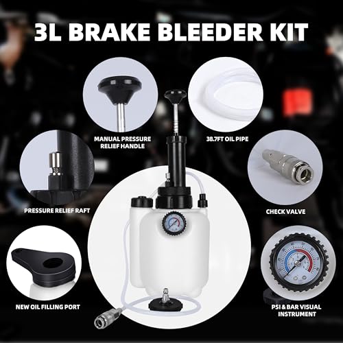 3L Brake Bleeder Kit,Brake Bleeder Vacuum Pump Kit,Brake Fluid Bleeder Kit with 1L Brake Bleeder Bottle and 4 Master Cylinder Adapters,Brake Bleeding Kit Suitable for Most Vehicles (White)