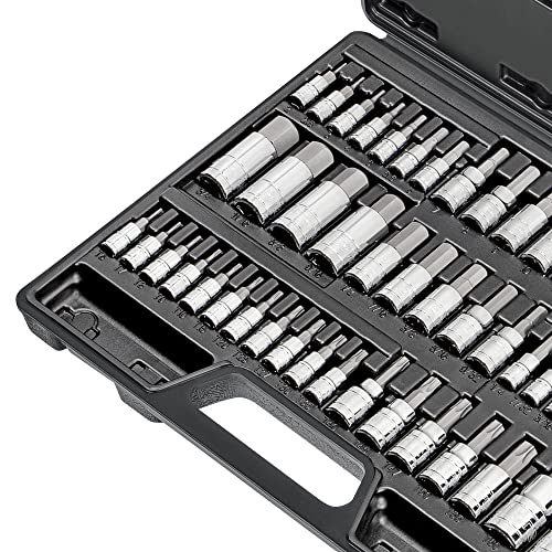 CARBYNE 50-Piece Master Torx and Allen Bit Socket Set S2 Steel SAE and Metric Hex and Star Bit Sockets 1/4 in 3/8 in and 1/2 in Drive Torx T6 to T70 for Automotive and Motorcycle Repair - size: 50 Piece