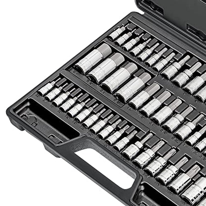 CARBYNE 50-Piece Master Torx and Allen Bit Socket Set S2 Steel SAE and Metric Hex and Star Bit Sockets 1/4 in 3/8 in and 1/2 in Drive Torx T6 to T70 for Automotive and Motorcycle Repair - size: 50 Piece