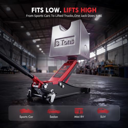 3 Ton Low Profile Floor Jack: Dual Pump Quick Lift Hydraulic Car Jack, 2.87" to 19.5" Lift Range, Heavy Duty Steel Trolley Jack for Cars SUVs & Trucks, Rubber Saddle & Safety Valve - size: 3 Ton