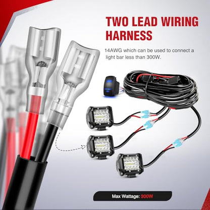 Nilight 14AWG LED Light Bar Wiring Harness Kit 12V On Off 5Pin Rocker Switch Laser Waterproof Toggle Switches Power Relay Blade Fuse for Work Lights Cars Boat ATV Trucks-3 Leads, Bule - color: 14AWG Wiring Harness -3 Leads
