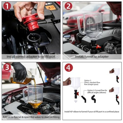 18-Piece No Spill Engine Oil Funnel Kit, 1.59QT/1.5L Automotive Oil Funnel Set w/ 12 Adapters, 2 Magnetic Storage Tray, Elbow Fitting & Arrow Screen, Universal Vehicles Use