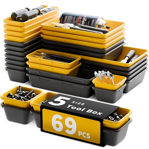 69 PCS & 5 Sizes Tool Box Organizer Trays, Black and Yellow | Heavy-Duty Plastic Tool Box Drawer Organizer, Interlocking Design, Toolbox Organization for Workshop Garage Office Home - color: Black & Yellow: 69 PCS
