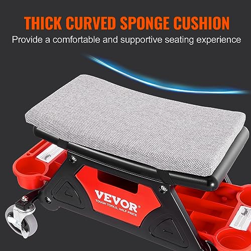 VEVOR Mechanic Stool 300 LBS Capacity Garage Stool Gift for Men, Heavy Duty Rolling Mechanics Seat, with Three Slide Out Tool Trays and Drawer, Tools for Automotive Auto Repair | Auto Repair Heavy Duty Plastic Rolling Mechanics Seat with Cushion, Three Sl