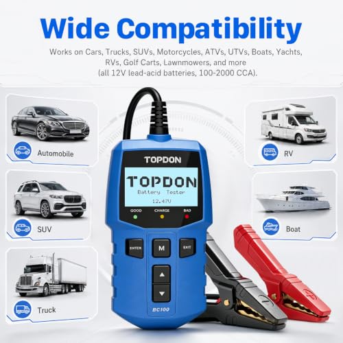TOPDON BC100 Car Battery Tester 12V Automotive Battery Analyzer for Technicians & DIYers, 100-2000 CCA Digital Battery Load Tester, Fits Car, Truck, Motorcycle, ATV, SUV, Boat, Yacht, Golf Cart