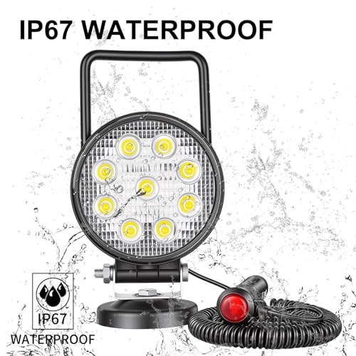 SKYWORLD Magnetic Mount LED Work Light, 2PCS 4 Inch 27W Round Flood Off Road Driving Fog Lamp 12V 24V with Portable Magnetic Base Holder for Truck Tractor Trailer Car Boat Engineering Vehicle - size: 2Pcs 4 Inch 27W Flood