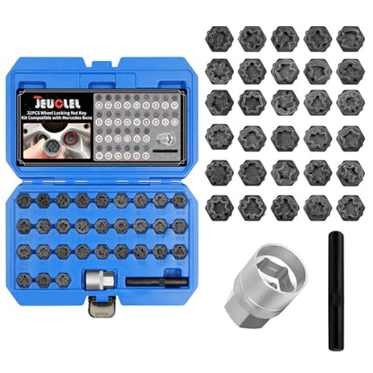 32PCS Wheel Locking Nut Key Kit Compatible with Mercedes Benz | Wheel Lock Nut Socket Adapter Set, Anti-Theft Lug Removal Tool, Anti-Theft Screw Remover, Repair Tool, Tyre Fitting, garage - color: 32PCS 301-330 Scoket Set