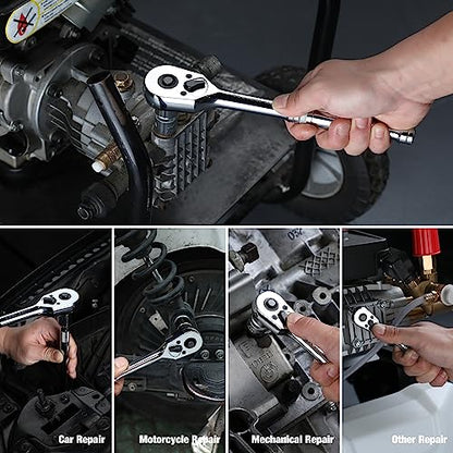WORKPRO 3-Piece Ratchet Set, 1/4", 3/8", 1/2" Drive, 72-Tooth | Quick Release Reversible, 5 Degree Swing, Chrome Alloy Made, Full Polished - size: combo kit(1/4,3/8,1/2)