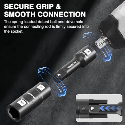 WORKPRO 4PCS Impact Socket Set 1/2" Drive, Lug Nut Socket Set, Wheel Socket Set Cr-Mo Steel, Includes 1PC 3" Extension Bar & 3PCS Flip Sockets of 6 Metric and SAE Sizes - size: 4pcs Flip Socket Set