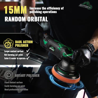 BATOCA 2026 New Dual Action Polisher, 15mm Random Orbital Car Buffer, 6 Variable Speeds (2500-5500RPM) 1100W DA Polisher with 5 inches Foam/Wool Pads, Polishing Bonnet for Polishing