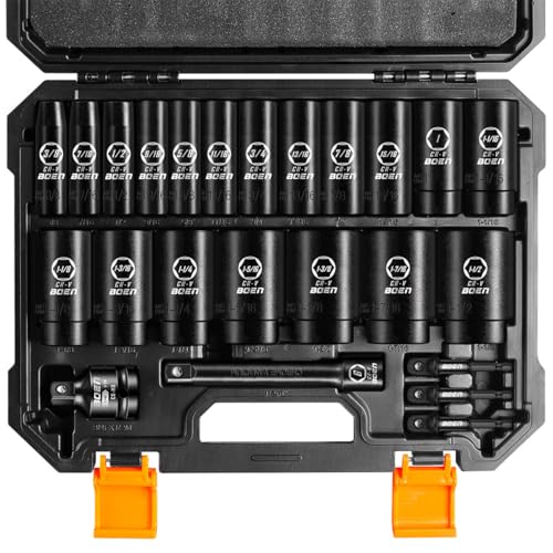 boen 1/2” Drive SAE Impact Socket Set, 3/8" to 1-1/2" Deep Socket, 6-Point Hex Socket with Portable Case, Rugged Construction, CR-V Steel, 24PCS