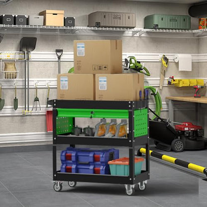 3 Tier Rolling Cart, Heavy Duty Utility Industrial Service Carts on Wheels, Metal Tool Cart with Locked Drawers, Ideal for Garage, Warehouse and Repair Shop (Black&Green) - color: Black&green