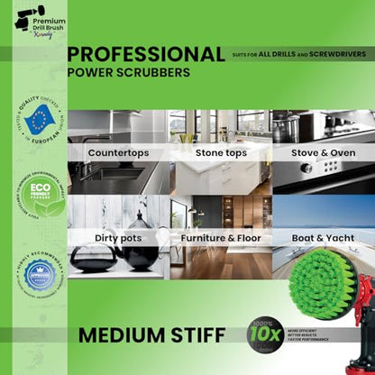 Premium Drill Brush Professional – Medium-Stiff 5 in Green Set of 3 | Scratch-Free Kitchen Cleaning Brush for Ovens, Hobs, Worktops, Floor Tiles, Linoleum and Greasy Cookware - color: Green