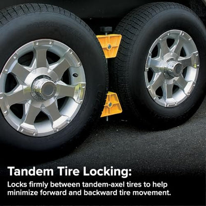 Camco Small RV Wheel Stop - Features a Lightweight Heavy-Duty Design with a Rubber Handle, Prevents Shifting of Trailer Tandem Tires While Parked or Re-Hitching, and Fits 26” to 30” Tires (44652)