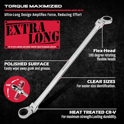 Extra Long Flex-Head Ratcheting Wrench Set, Anti-Slip 6-Piece Double Box End Wrench Set, 72-Teeth, Metric 8-19mm, CR-V Steel Wrench with Rolling Pouch - style: 6-Pc Extra-Long (Flex-Head)