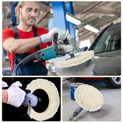 Tallew 6 Pcs 5 Inch Wool Polishing Pad Hook Loop Buffing Pad for Drill Curved Edge Compound Cutting Tool Drill Polisher Attachment Wheel Polish Kit Car Body Repair Buffing - size: 5 Inch