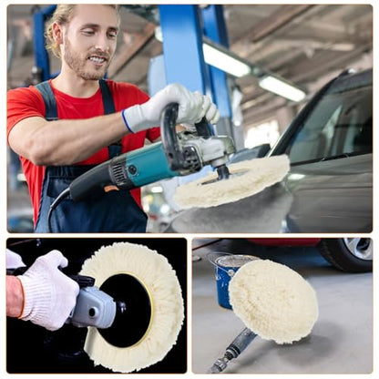 Tallew 6 Pcs 5 Inch Wool Polishing Pad Hook Loop Buffing Pad for Drill Curved Edge Compound Cutting Tool Drill Polisher Attachment Wheel Polish Kit Car Body Repair Buffing - size: 5 Inch