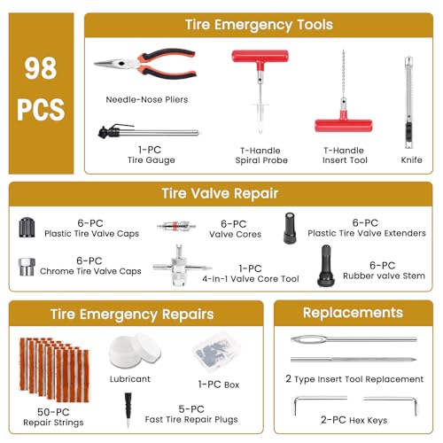 ORCISH Heavy Duty Tire Plug Kit - 98pcs All-in-One Universal Tire Repair Kit for Tubeless Flats, Emergency Tire Patch Kit for Car, Truck, SUV, ATV, Motorcycle, Trailer & RV - size: 98 Piece Set