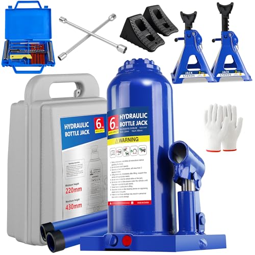 6T Full Kit: Bottle Jack, Stands, Wrench, Chock, Tire Kit | Complete 6-ton set: jack, stands, cross wrench, chock, tire kit. 8.66"-16.93" lift. Welded steel. - color: 6 Ton Full Kit with Chock, Wrench & Stands