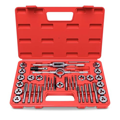 40 PCS SAE Tap and Die Set, Standard Inch Threading Tool Kit for Internal and External Threads, Tap & Die Set with Wrenches for Automotive, DIY, and Metal Repair - size: 40 Pcs SAE