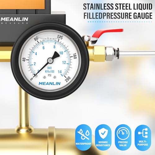 MEANLIN MEASURE 0~200Psi Stainless Steel Liquid Filled Pressure Gauge 1/4" NPT 2.5" FACE DIAL with Rubber Protective Sleeve, Center Back Mount - size: 0-200Psi