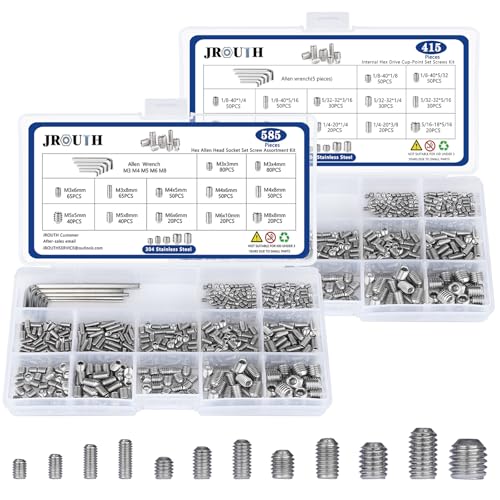 1000pcs Metric + SAE Set Screw Assortment Kit, Internal Hex Drive Cup-Point Allen Screws Set 304 Stainless Steel Grub Screw (M3-M8, 1/8""-40 to 5/16""-18) - color: Silver Set Screws 1000PCS