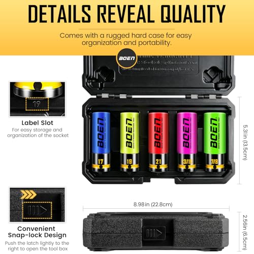 BOEN 1/2" Drive Impact Lug Nut Socket Set, 5 Pieces Non-Marring Thin Wall Wheel Protector Nut Socket, Metric (17, 19, 21mm) & SAE (13/16", 7/8"), Color-Coded and Painted Size Markings, CR-MO Steel