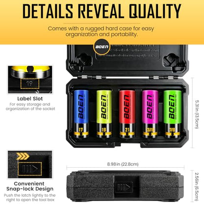 BOEN 1/2" Drive Impact Lug Nut Socket Set, 5 Pieces Non-Marring Thin Wall Wheel Protector Nut Socket, Metric (17, 19, 21mm) & SAE (13/16", 7/8"), Color-Coded and Painted Size Markings, CR-MO Steel