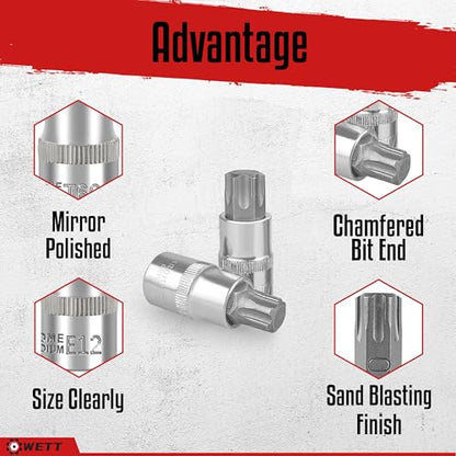 WETT Master Torx Bit Socket and External Torx Socket Set, 60-Piece 1/4", 3/8", 1/2" Drive E-Torx Sockets (E4-E24, T6-T70, TT6-TT70, TP8-TP60), S2 and CR-V Steel