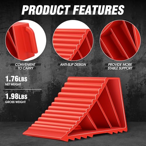 DNA MOTORING 2pcs Wheel Chocks Tire Chocks, Trailer Wheel Chocks RV Wheel Chocks for RV Trailer, Keeps Trailer in-Place, with Handle, Red, 2-Pack, TOOLS-00698