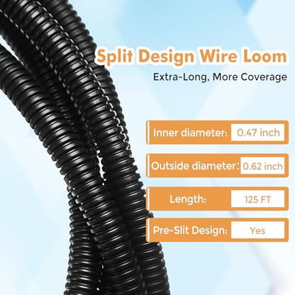 Automotive Wire Loom Flame Retardant Split Wire Loom Tubing Assortment Wiring Loom Kit Plastic Cover Electrical Covering Conduit Protective Wire Wrap Cable Sleeves Black 1/2" x 125 Ft - size: 1/2" x 125 ft