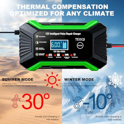 Car Battery Charger, 12V 6A Smart Battery Trickle Charger Automotive 12V Battery Maintainer Desulfator with Temperature Compensation for Car Motorcycle Mower Marine Lead Acid Batteries (Green)
