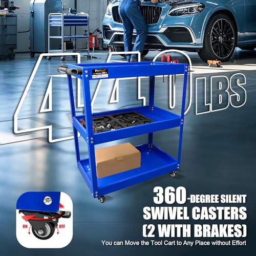 3-Tier Rolling Tool Cart, Thickened 440LBS Metal Mechanic Tool Cart on Wheels, Heavy Duty Rolling Carts with Wheels, Utility Service Carts for Mechanics Garage Warehouse Workshop Repair Shop