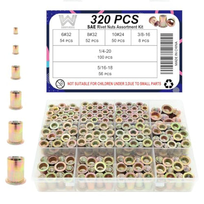 320 Pcs SAE Rivet Nut Kit, 6#32 8#32 10#24 1/4 5/16 3/8 | Zinc-Plated Carbon Steel, 6#32 8#32 10#24 1/4-20 5/16-18 3/8-16 - size: SAE Kit (320 Pcs)
