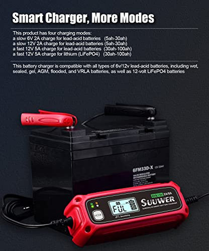 Suuwer Automatic Battery Charger, 6V 2A & 12V 2A/5A Digital Smart Battery Maintainer for Car, Motorcycle, ATV, Boat More