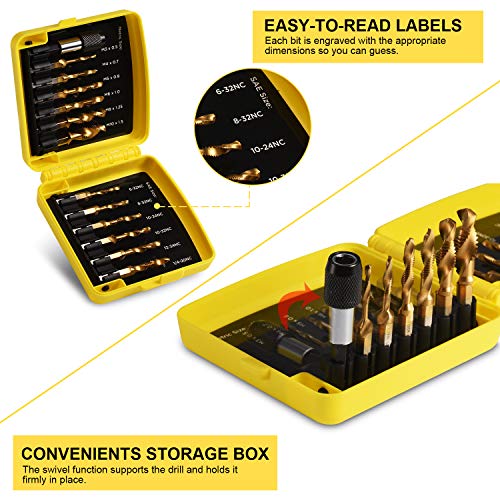 THINKWORK Combination Drill Tap & Tap Bit Set, 3-in-1 Titanium Coated Screw Tapping Bit Tool for Drilling, Tapping, Countersinking, with Quick-Change Adapter, 13 PCS SAE/Metric - size: SAE/Metric