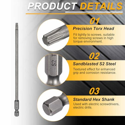 HARFINGTON 10pcs T20 Torx Head Screwdriver Bit 1/4" Hex Shank 6" (150mm) Long Magnetic No Hole Tip Tamper Proof 6 Point Star Screw Driver Drill Bits S2 Steel Industrial Power Screwdrivers - size: T20 x 6"