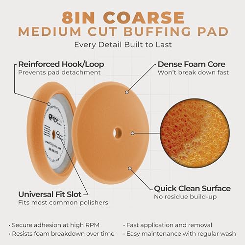 TCP Global 8" Orange Foam Buffing Pad Extra Coarse Cutting Polish Hook and Loop Backing - Buffing Pad for Automotive, Marine, Truck, RV & Compound Cutting - color: Yellow