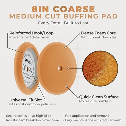 TCP Global 8" Orange Foam Buffing Pad Extra Coarse Cutting Polish Hook and Loop Backing - Buffing Pad for Automotive, Marine, Truck, RV & Compound Cutting - color: Yellow