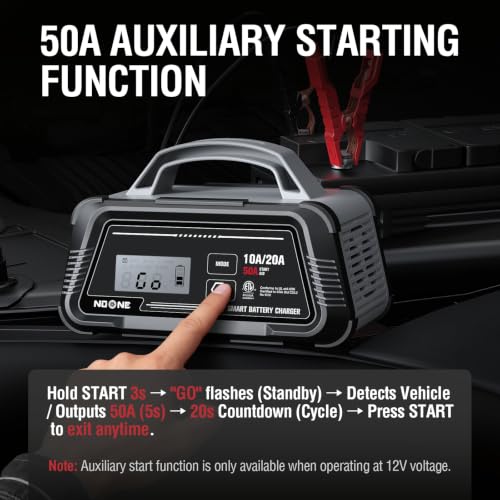 NOONE 10A/20A Smart Battery Charger - 12V/24V Fully Automatic Maintainer | with 50A Engine Start, Winter Mode, and Auto Repair - Car Trickle Charger for AGM, Gel, Deep Cycle & LiFePO4 Batteries