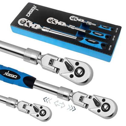 DISEN 3-Piece Extendable Flex-Head Ratchet Wrench Set with EVA Storage Case - 1/4", 3/8", 1/2" Drive, 72-Tooth, Rubber Grip, Adjustable Length - Professional Automotive and DIY Tools - size: 1/4''+3/8''+1/2'' Set, style: 72T Extendable&Flex-Head Ratchet