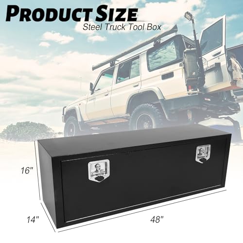 Heavy Duty Steel Plated Underbody Truck Tool Box with T-Handle Lock, Waterproof Tongue Box for Storage with Smooth Surface for Truck, Pickup, RV, Trailer - Black, 48" x 14" x 16" Inch - size: 48" x 14" x 16"