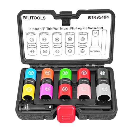 BILITOOLS 5pcs Half Size Flip Socket Set, 1/2" Drive Lug Nut Socket Set | CR-MO Steel, 5 Dual-End Flip Sockets 17/17.5-22/22.5mm, for Swollen Lug Nuts, Non-Marring Sleeves, Ext Bar & Knockout Rod - style: Half Size Metric (0.5mm Increment)