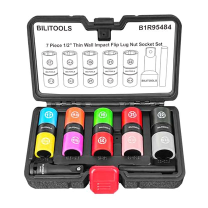 BILITOOLS 5pcs Half Size Flip Socket Set, 1/2" Drive Lug Nut Socket Set | CR-MO Steel, 5 Dual-End Flip Sockets 17/17.5-22/22.5mm, for Swollen Lug Nuts, Non-Marring Sleeves, Ext Bar & Knockout Rod - style: Half Size Metric (0.5mm Increment)