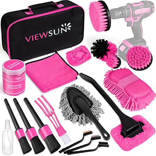 20PCS Car Cleaning Kit, Pink Car Interior Detailing Kit with Drill Brush Set, Windshield Cleaning Tool, Detailing Brushes, Wire Brushes, Cleaning Gel, Complete Cleaning Supplies for Women - color: Pink, size: 20PCS